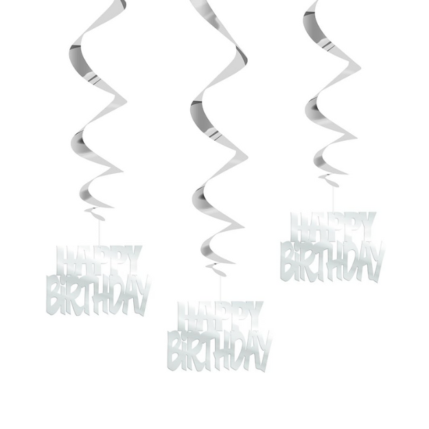 3 Silver Birthday Hanging Swirls