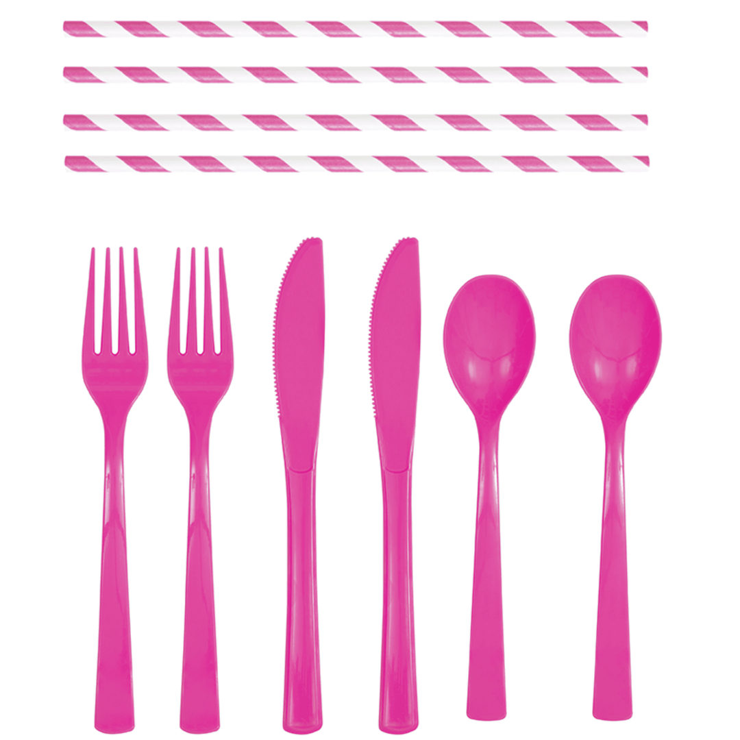 Hot Pink Cutlery & Straws Party Set