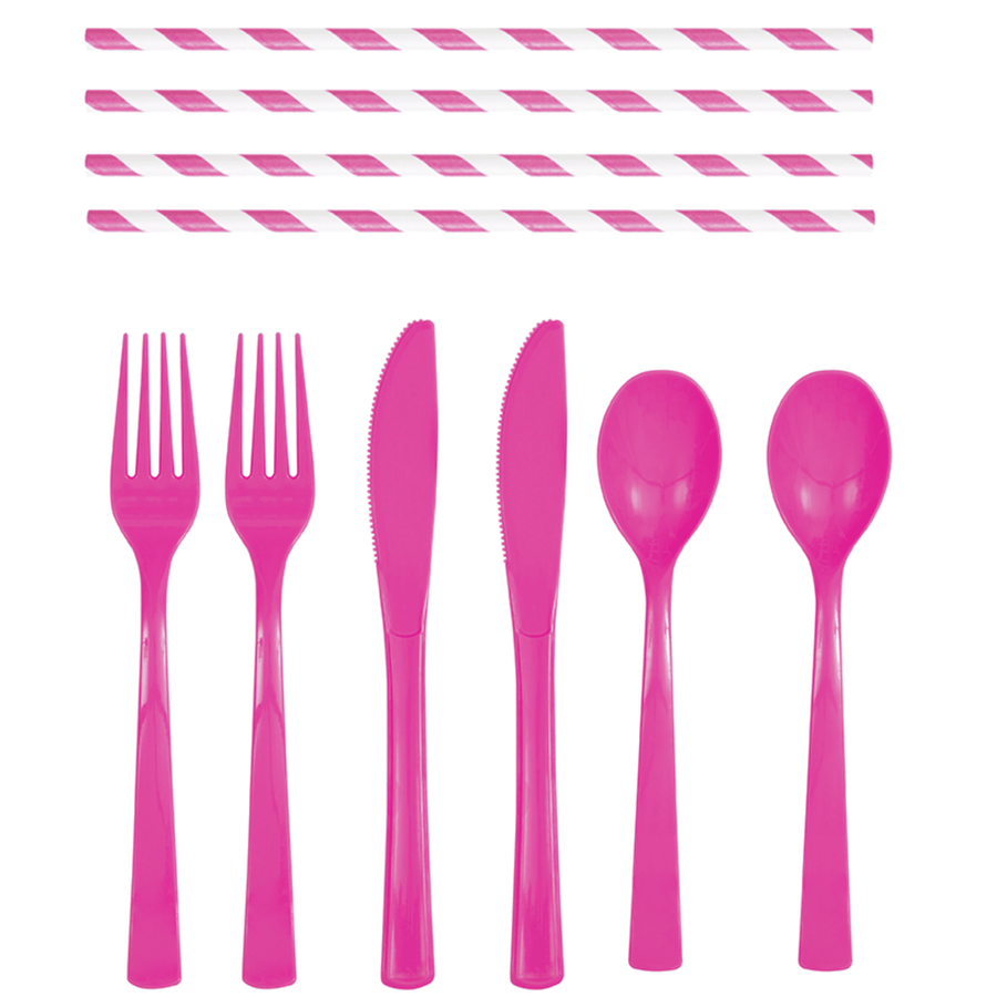Hot Pink Cutlery & Straws Party Set