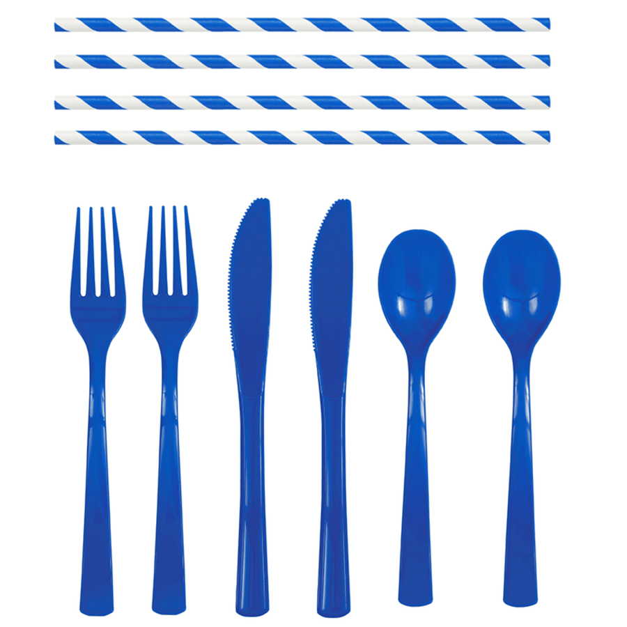 Royal blue cutlery and straws party set